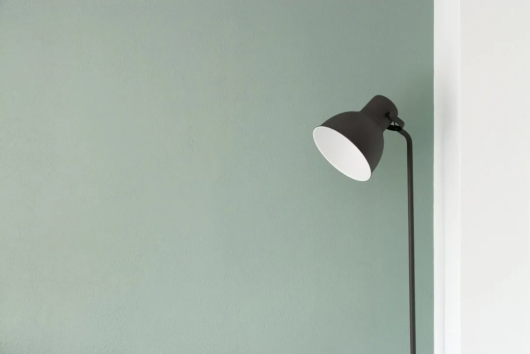 Dark gray floor lamp positioned near corner wall showing ideal placement angle against sage green wall