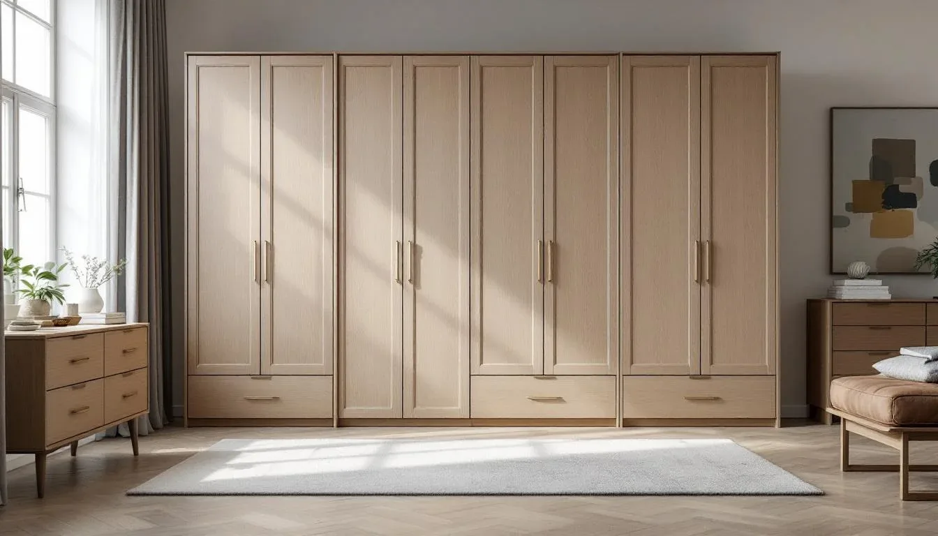 Large freestanding wardrobe with light oak finish and brass handles in a modern Scandinavian bedroom