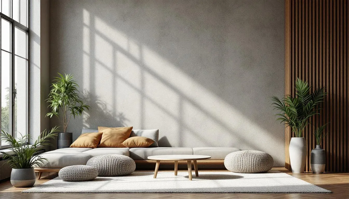 Modern minimalist living room with warm natural light, gray sofa, knit poufs, wood accents, and indoor plants