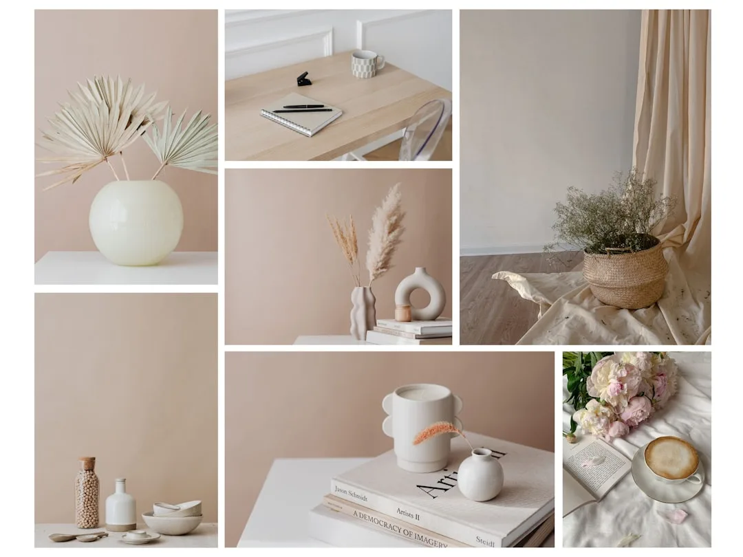 Neutral beige and warm blush pastel home decor collage with ceramic vases, dried botanicals, and minimalist styling