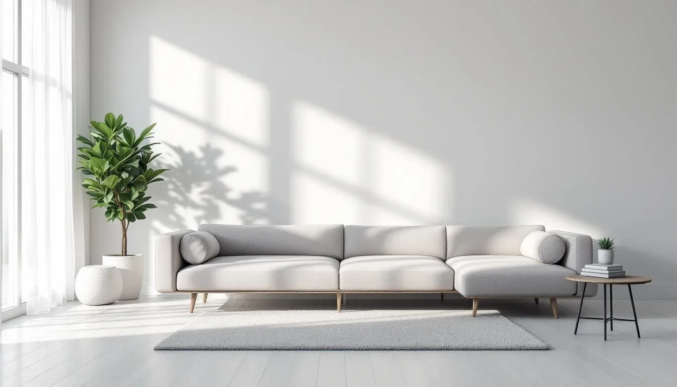 Minimalist living room with light gray sofa, white walls, natural light, indoor plant, and small side table