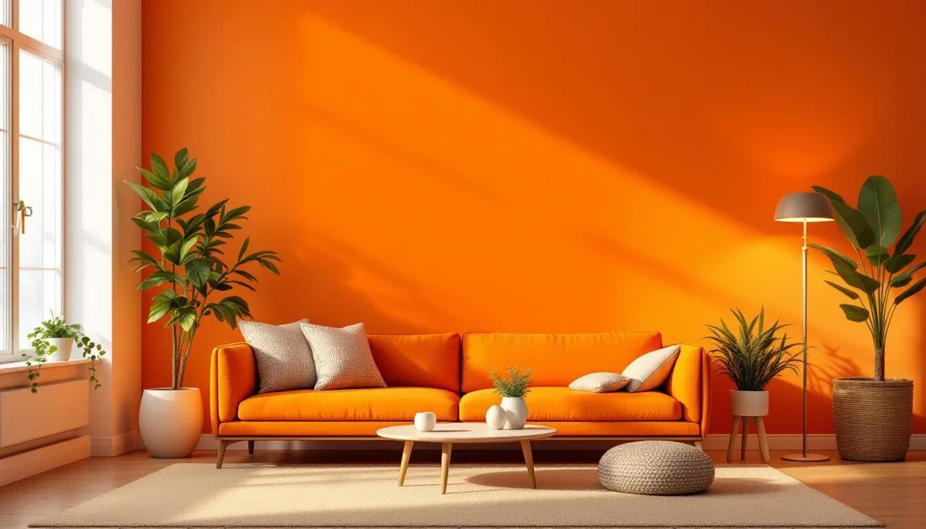 Bright orange living room with minimalist sofa, indoor plants, floor lamp, and white coffee table in warm interior desig