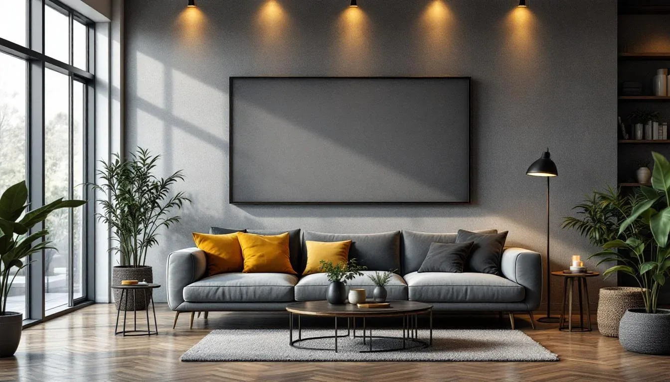 Modern Scandinavian-style living room with grey sofa, mustard yellow cushions, herringbone floor, and indoor plants