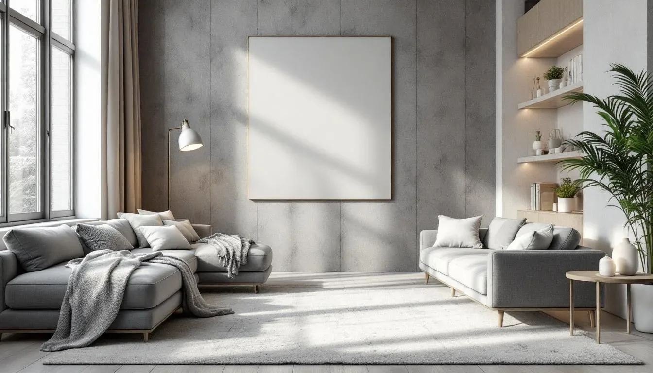Modern Scandinavian living room with gray sofas, concrete wall, large blank canvas, and natural light