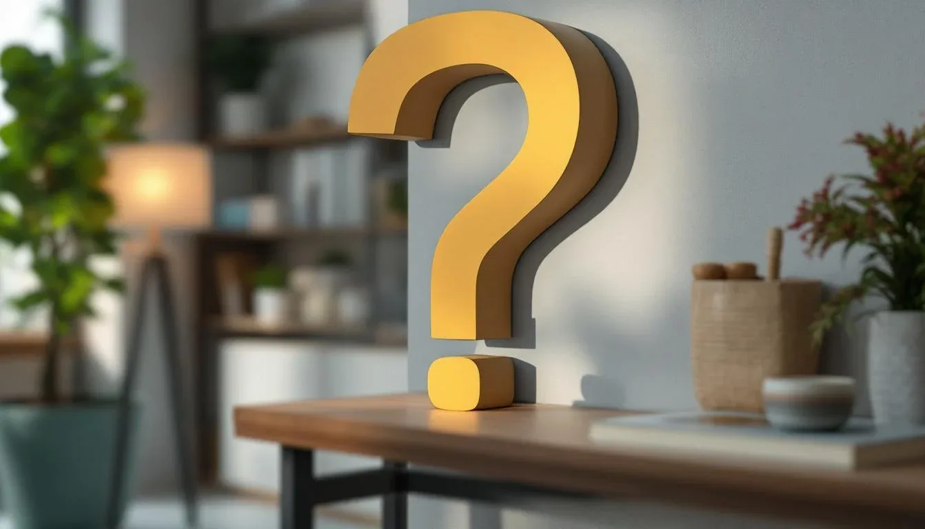 3D gold question mark on wooden desk in modern home interior, representing frequently asked questions about interior des