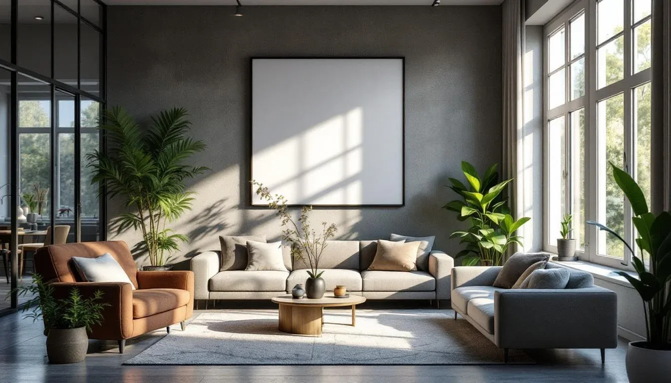 Modern living room redesigned with rearranged furniture, neutral sofa, accent chair, plants, and natural light from larg