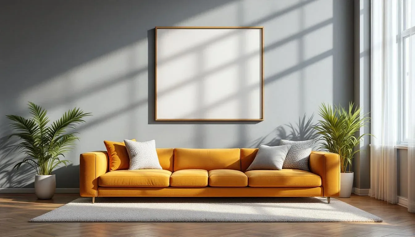 Orange velvet sofa centered on gray wall with large framed art above, demonstrating the 2/3 furniture-to-wall art sizing