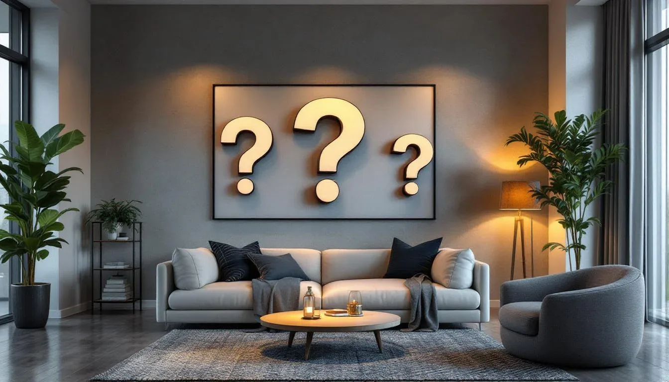 Modern living room with gray sofa, warm lighting, and question mark artwork on wall for FAQ section