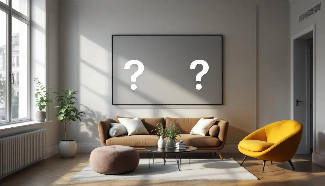 Modern living room with brown sofa, yellow accent chair, and question marks on wall art representing FAQ about apartment
