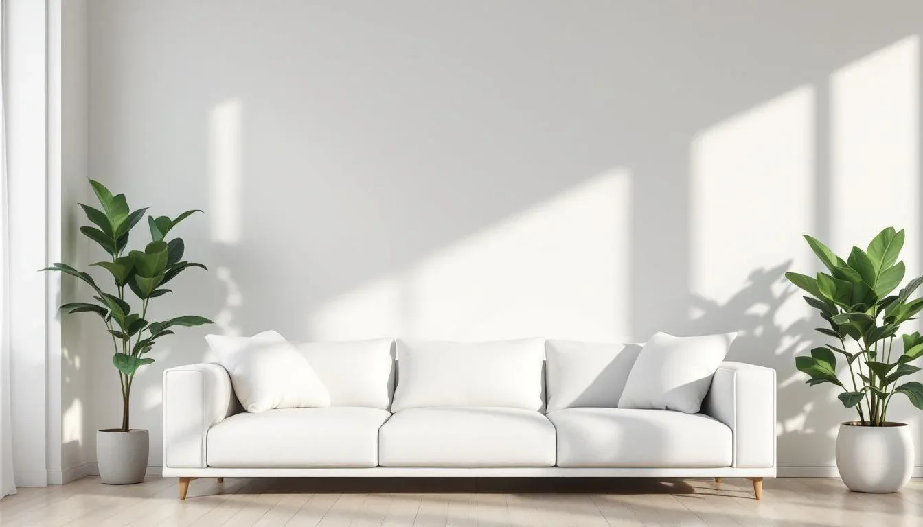 White minimalist sofa centered in small living room with plants, showing furniture placement away from walls