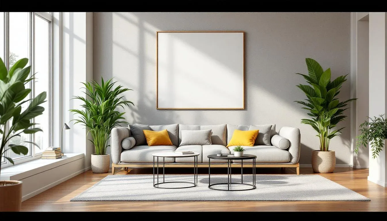 Bright modern living room with natural light, gray sofa, yellow accent pillows, indoor plants, and hardwood floors