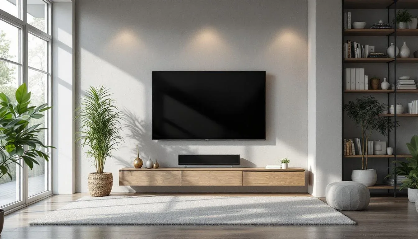 Modern living room with warm accent spotlights above TV and cool natural daylight from large windows creating mixed ligh
