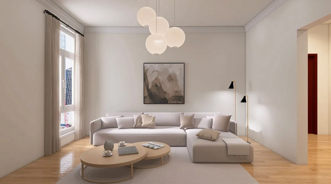 Modern living room with globe pendant chandelier providing 2000-3000 lumens overhead lighting above sectional sofa