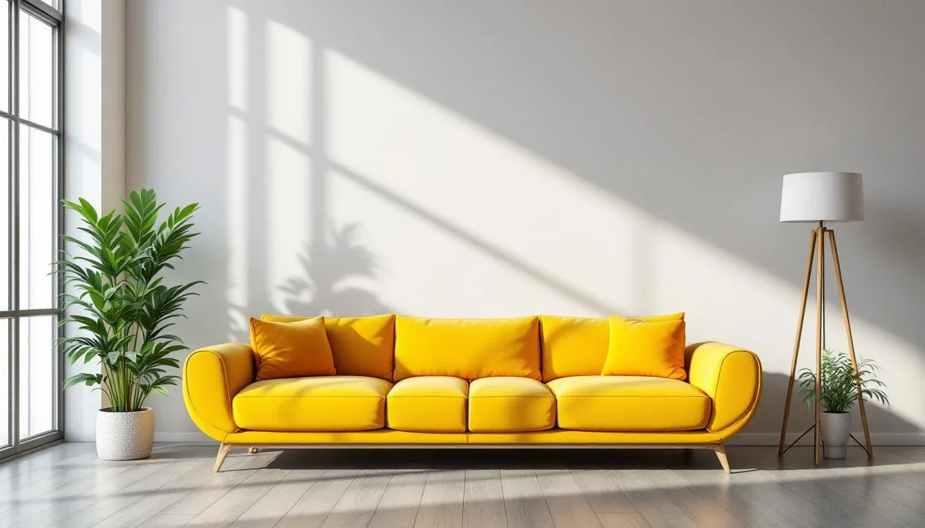Bright yellow mid-century modern sofa in minimalist white living room with floor lamp and tropical houseplant