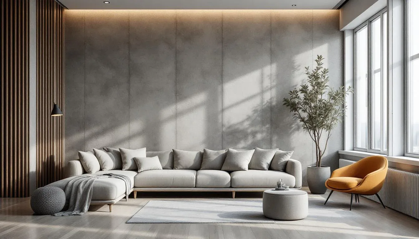 Modern minimalist living room with concrete textured accent wall, neutral sectional sofa, and warm natural lighting