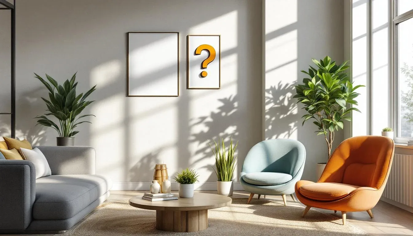 Modern small living room with grey sofa, round coffee table, and accent chairs showing space-efficient furniture layout
