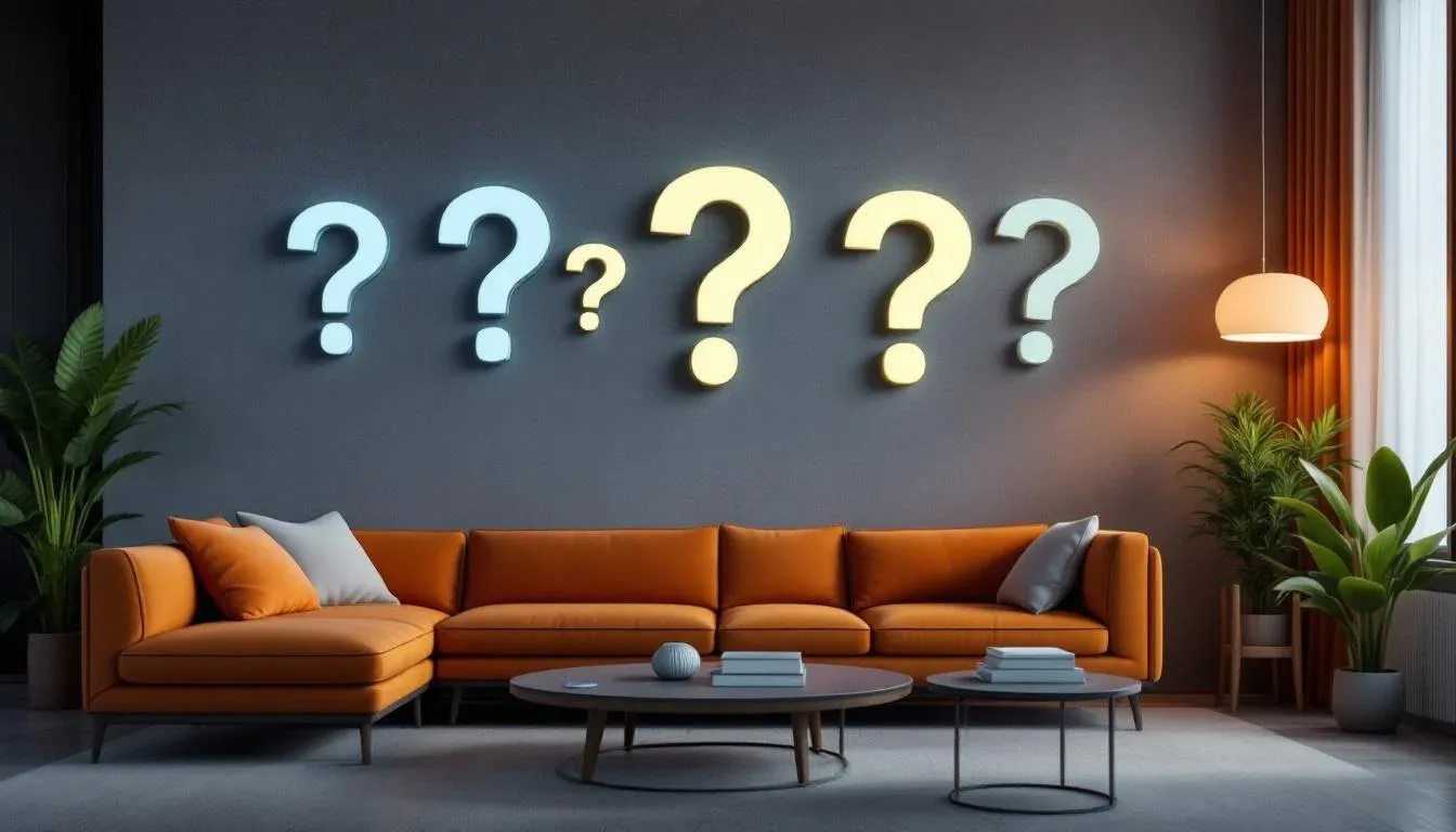 Multiple question marks displayed on a dark wall above an orange sectional sofa in a modern living room