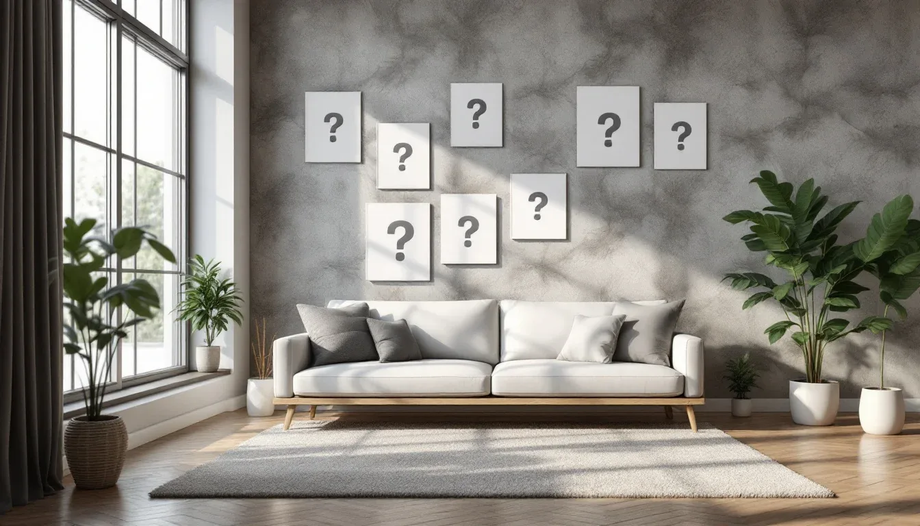 Modern minimalist living room with white sofa, grey textured wall, and question mark placeholder frames for FAQ section