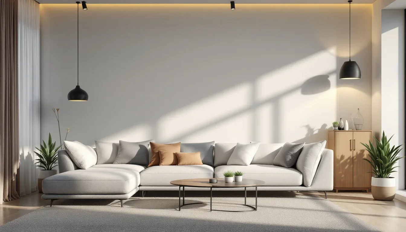 Modern contemporary living room with minimalist sectional sofa, pendant lights, and neutral tones exemplifying contempor