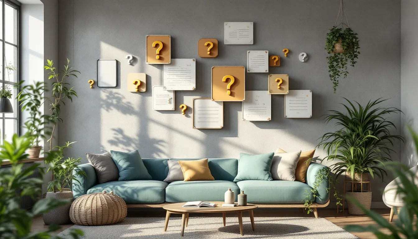 Modern living room wall with floating question marks and document panels illustrating frequently asked questions concept