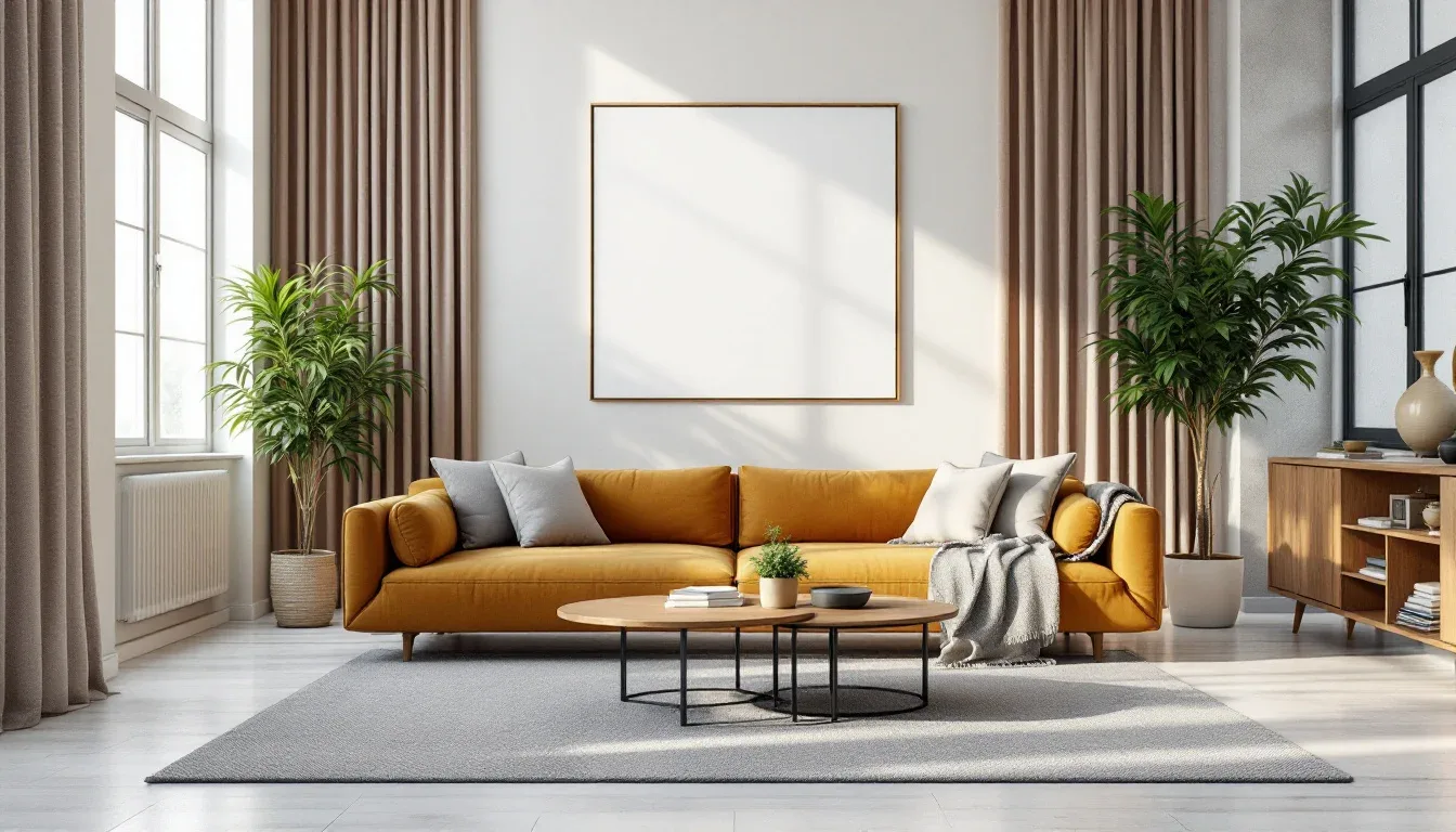 Modern living room with mustard yellow sofa, gray rug, wood coffee table, and neutral beige curtains