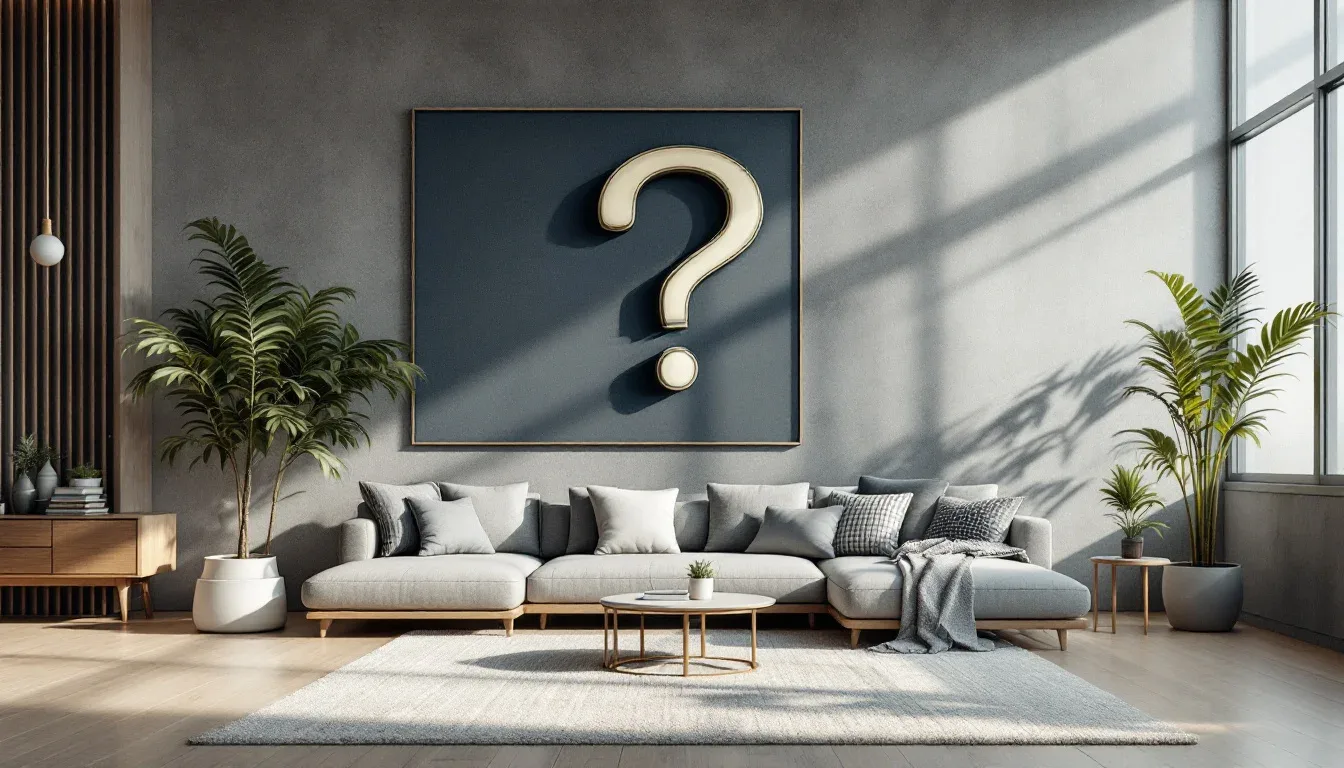 Modern living room with question mark wall art representing frequently asked questions about basement finishing