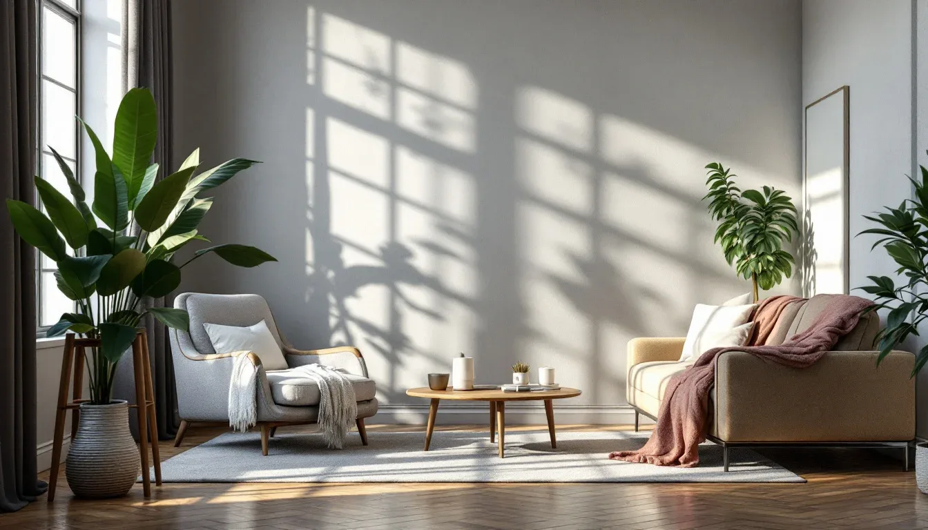 Minimalist living room with armchair and sofa arrangement, natural light, plants, and coffee table on area rug