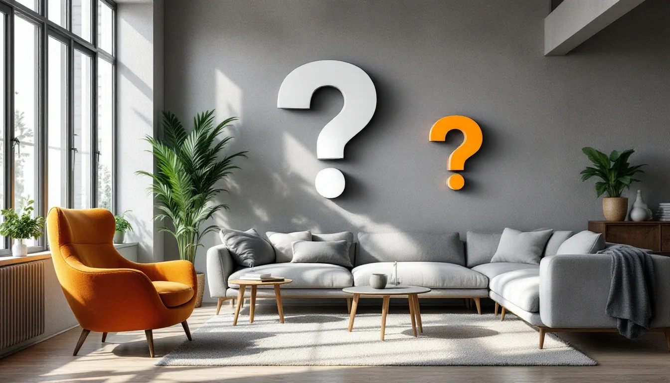 Modern living room with gray sectional sofa and orange armchair facing each other with coffee tables between them