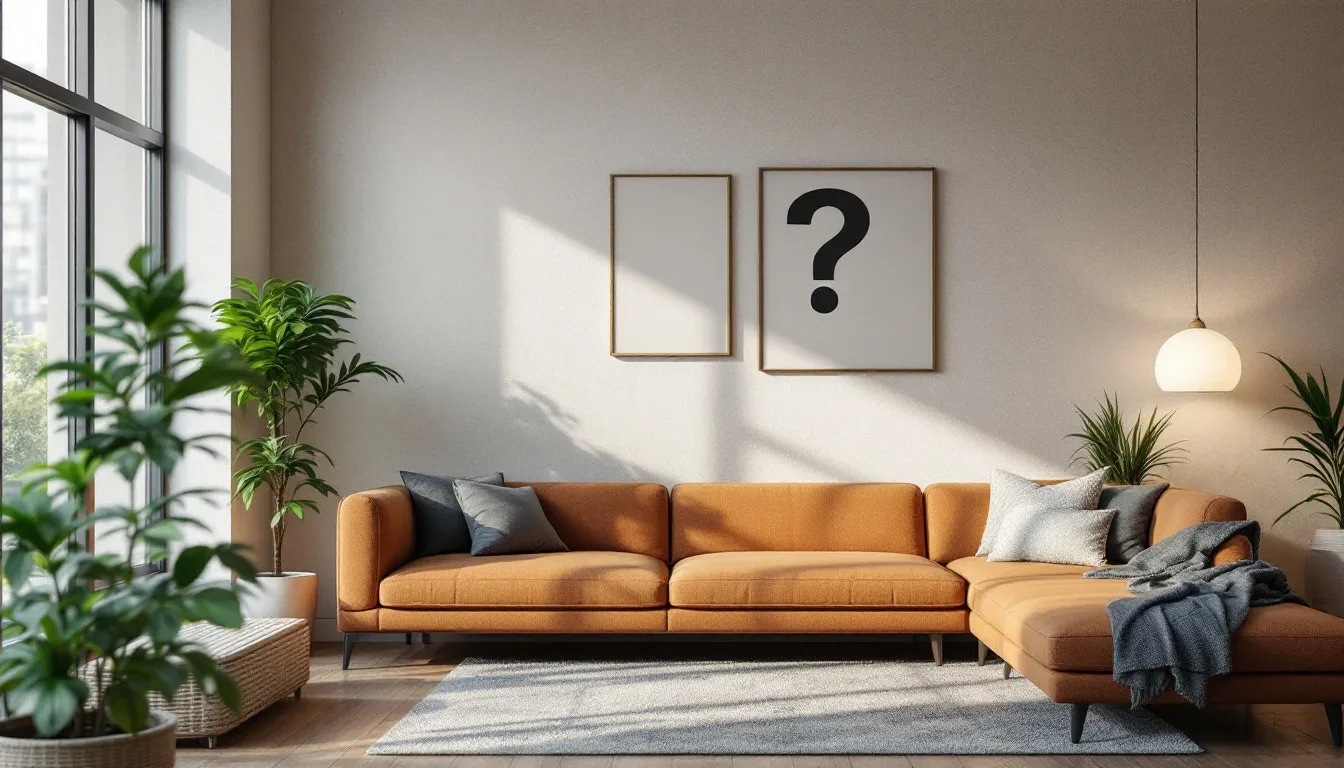 Modern small apartment living room with orange sectional sofa, blank wall frames, and indoor plants as focal point