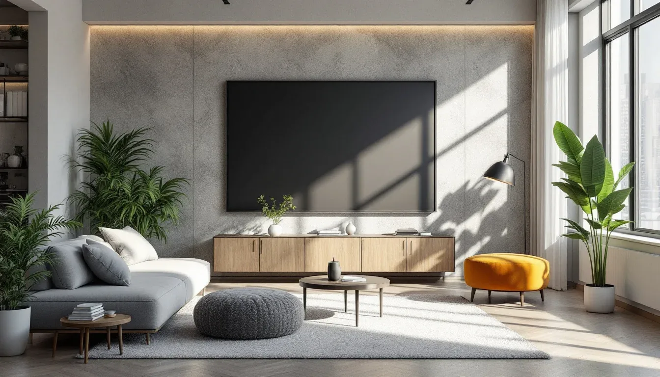 Modern living room with warm 2700K ambient lighting, concrete accent wall, and minimalist Scandinavian decor