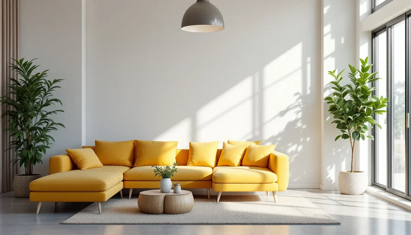 Bright minimalist living room with yellow sectional sofa, pendant light, and indoor plants for aesthetic room inspiratio