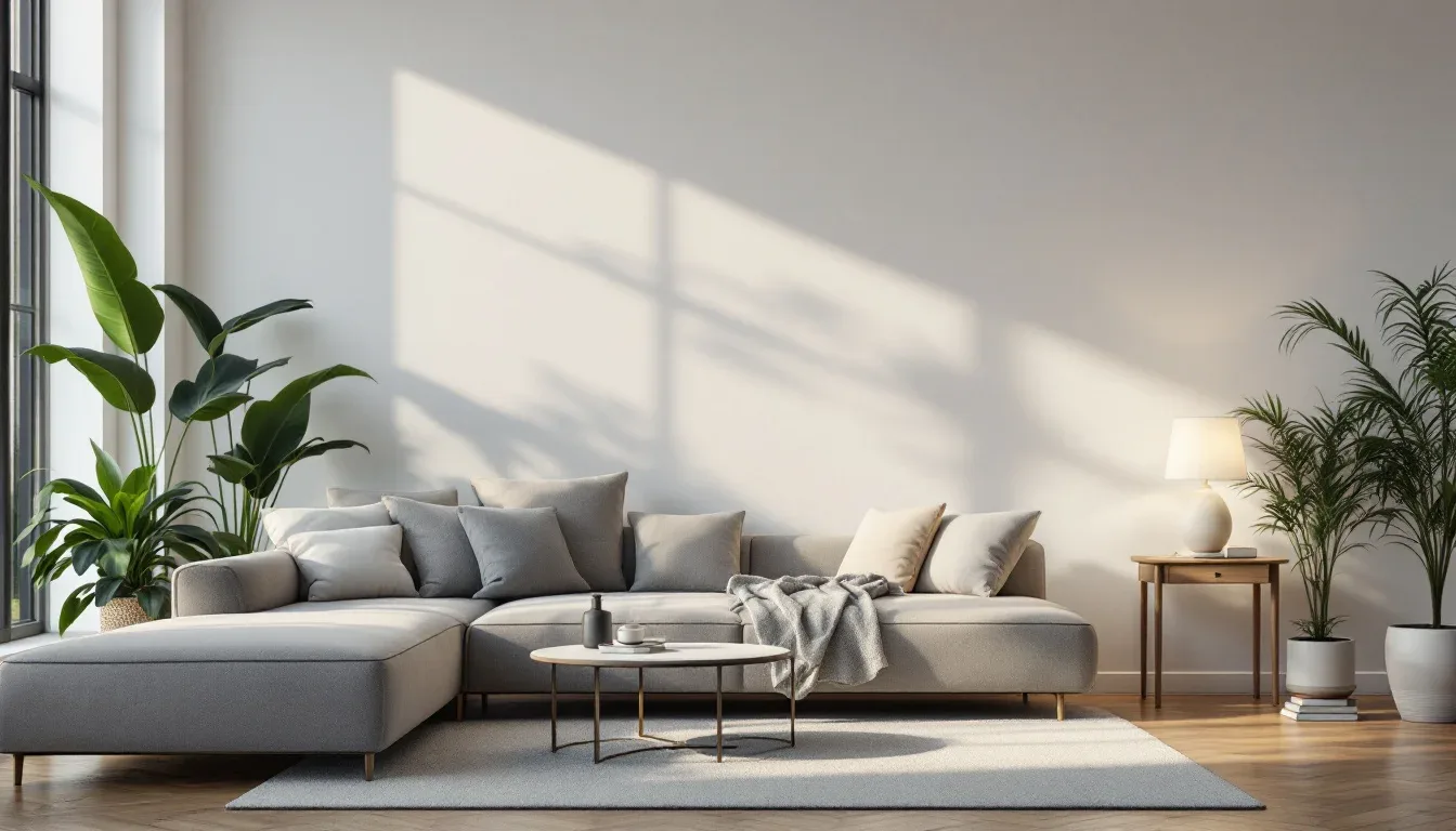 Bright minimalist living room with natural light, sectional sofa, and indoor plants showing light sourcing techniques