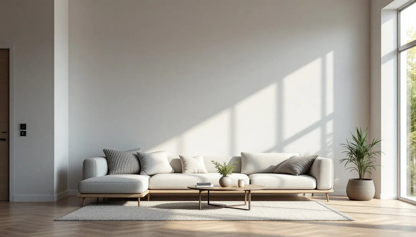 Minimalist living room with white sectional sofa, wooden coffee table, and large window — no TV focal point
