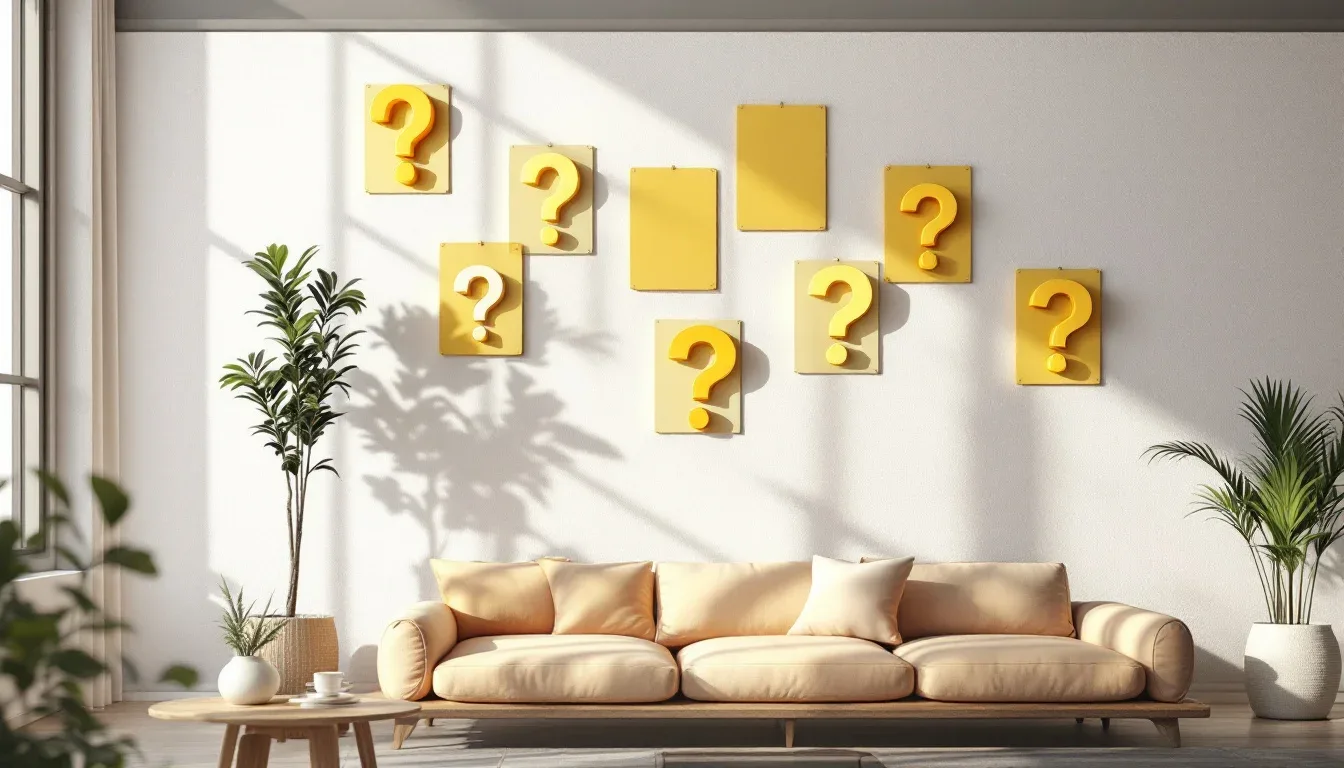 Modern living room with floating sofa against white wall decorated with yellow question mark signs
