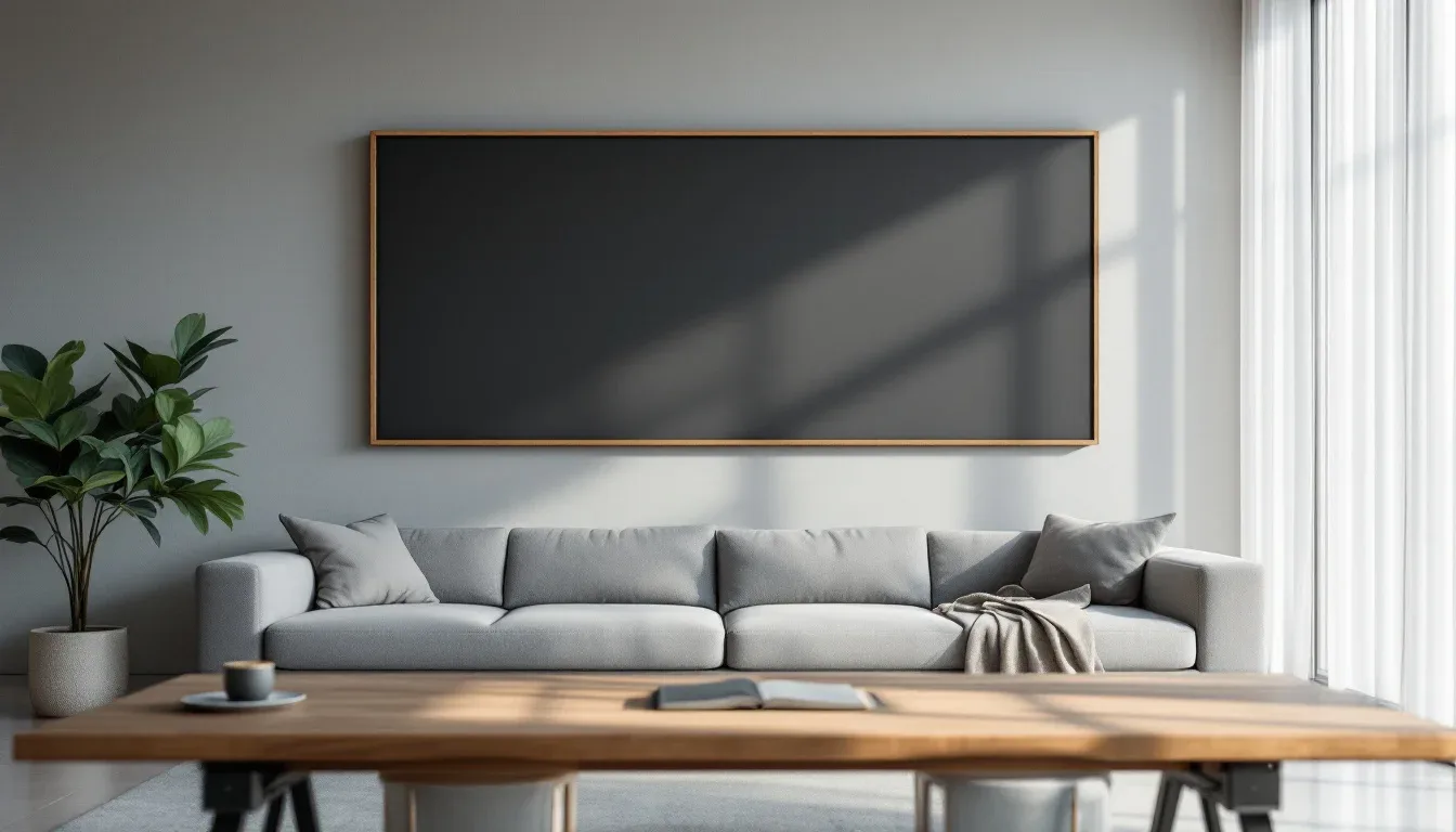 Minimalist living room with gray sofa, wooden coffee table, and large framed wall art illustrating interior design propo