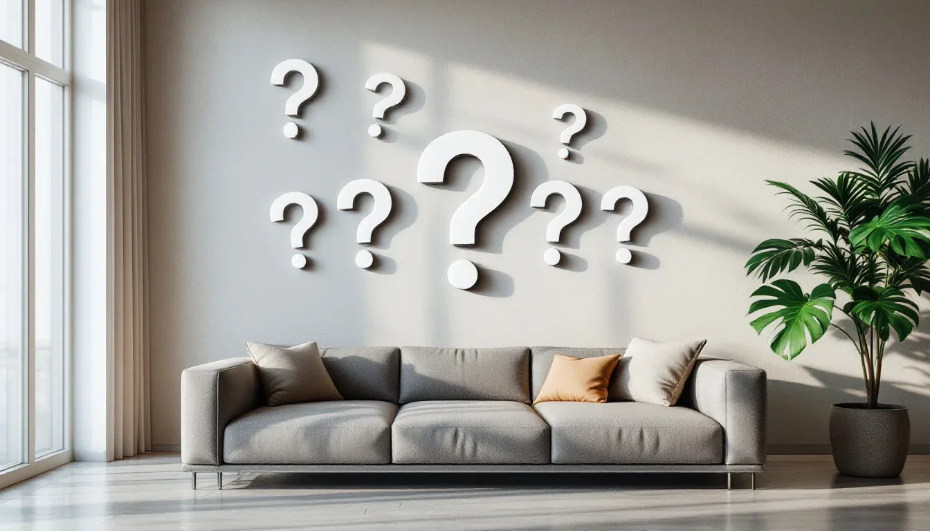 Modern living room with gray sofa and white question marks on wall representing home office FAQ section