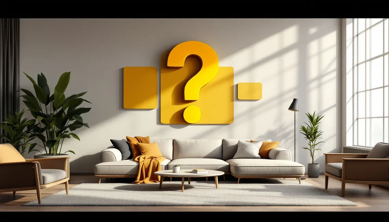 Modern living room with large sofa, coffee table, and yellow question mark wall art illustrating FAQ concept