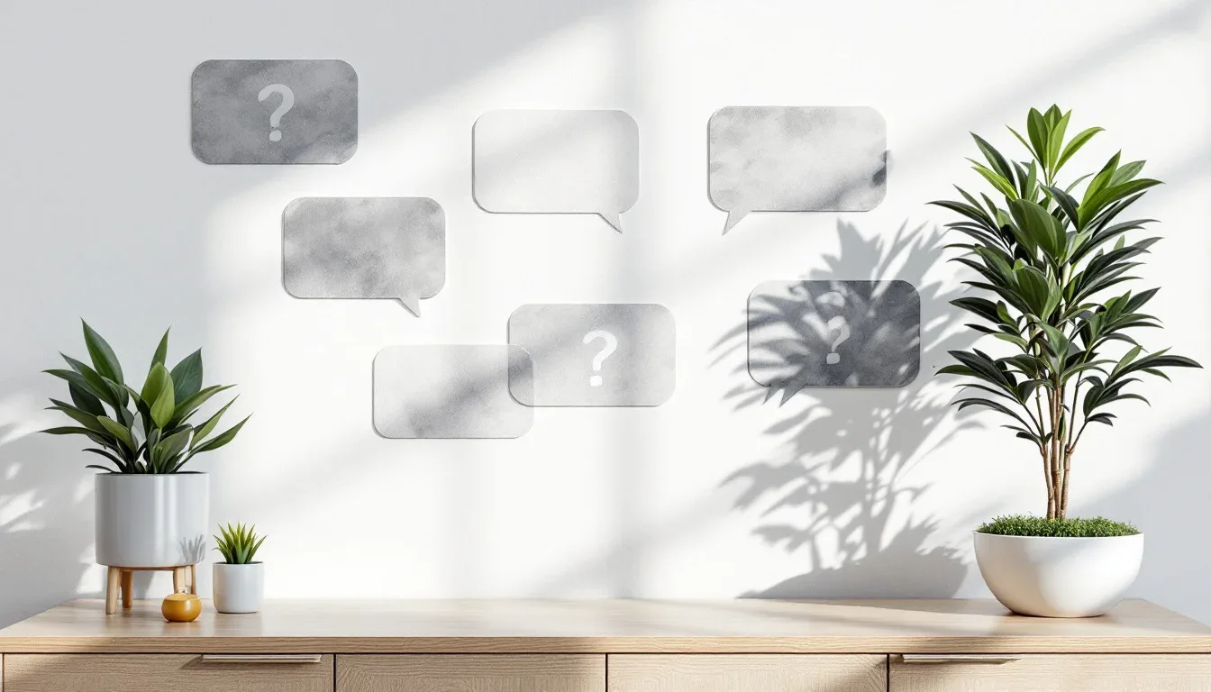 Speech bubbles with question marks on white wall above wooden console table with indoor plants representing FAQ section