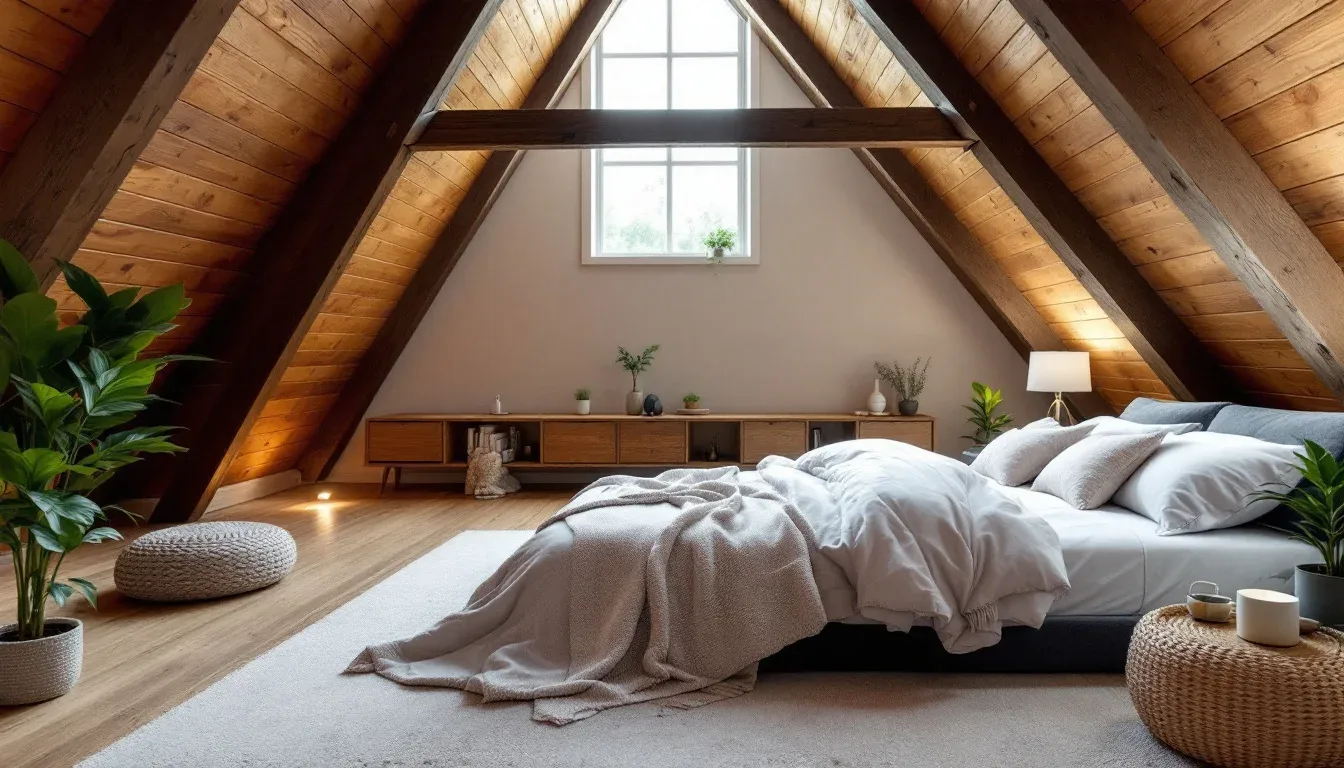A-frame attic bedroom conversion with exposed wooden beams, sloped ceiling, white bedding, and natural light from gable 