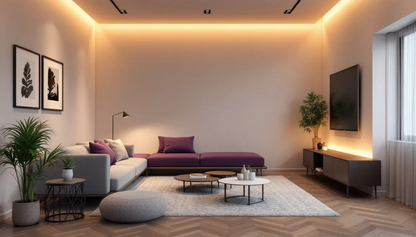Modern finished basement living room with cove lighting, sectional sofa, herringbone floor and contemporary furnishings