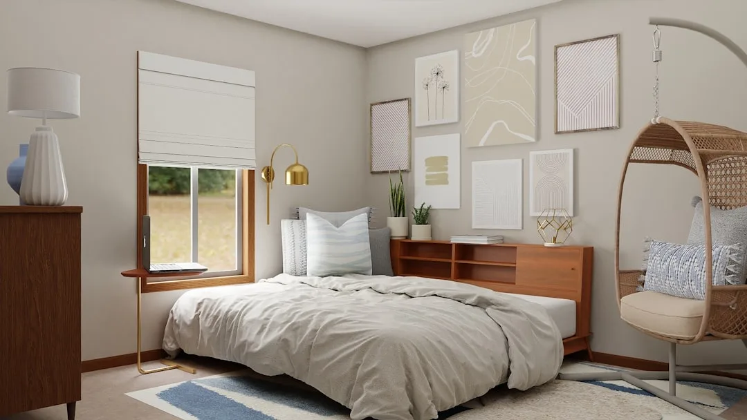 Bedroom furniture arrangement with low platform bed, wooden credenza, gallery wall, and hanging rattan chair against neu