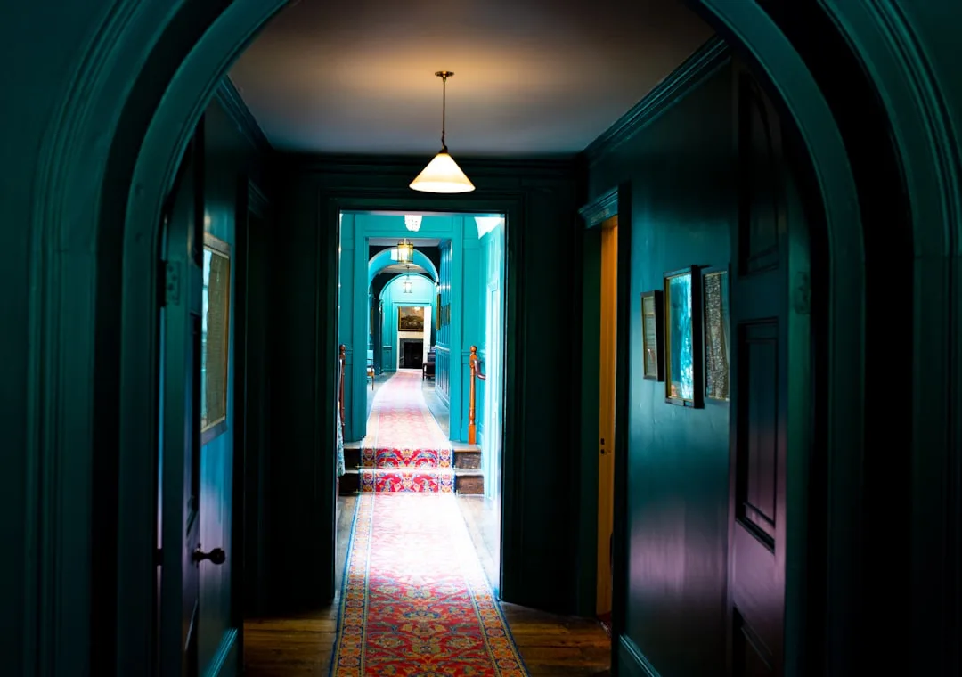 Dark hallway with teal walls illuminated by pendant light and patterned runner rug showing proper corridor lighting