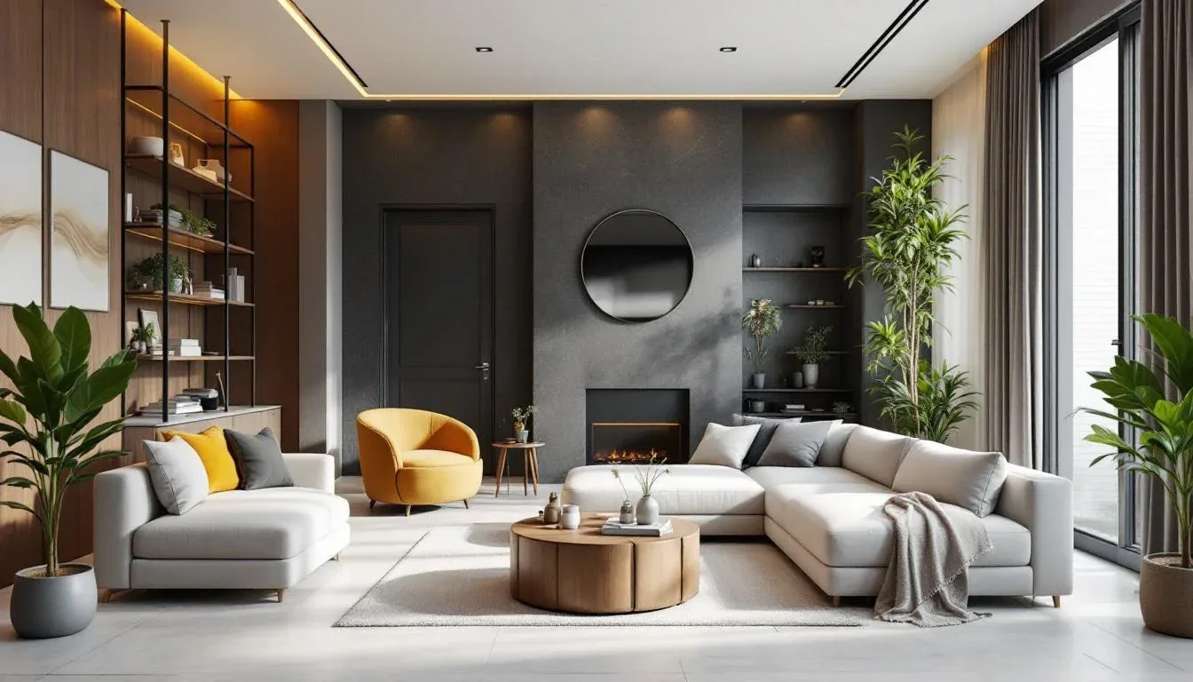 Modern living room interior design with sectional sofa, yellow accent chair, fireplace, and built-in shelving