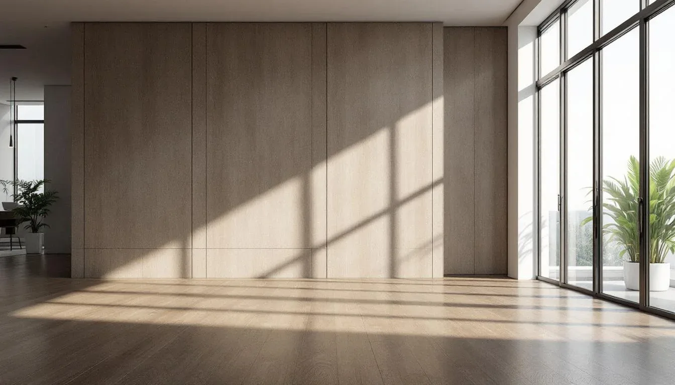 Wood panel accent wall with matching hardwood floor showing aligned grain direction in modern minimalist interior with n