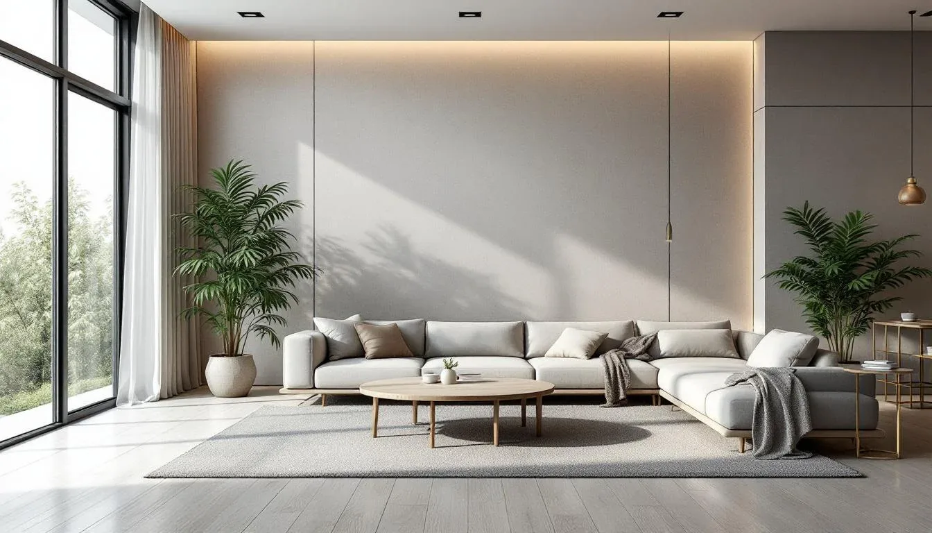 Modern minimalist living room with light gray wall panels, hardwood flooring, and sectional sofa showing interior design