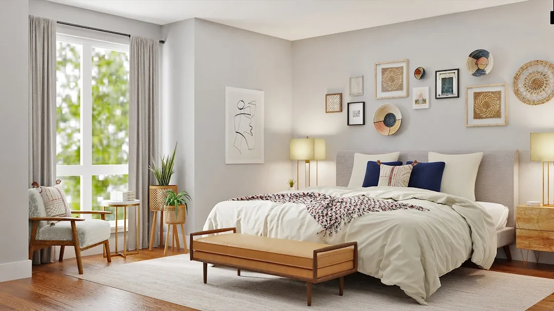 Bohemian bedroom with DIY gallery wall, woven bask