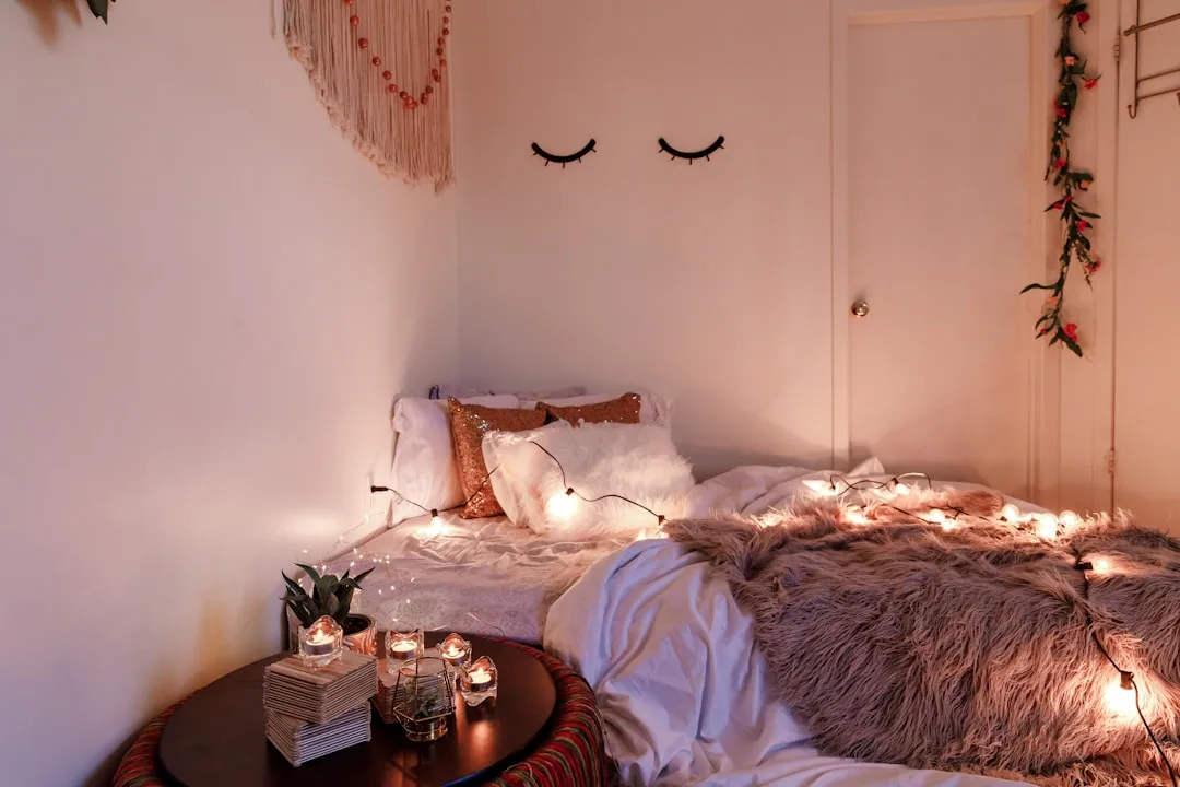 Cute aesthetic bedroom with fairy lights, faux fur