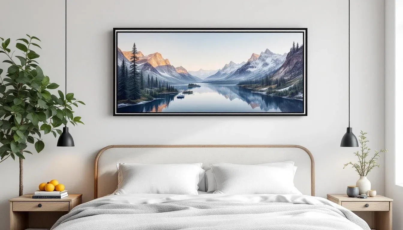 Framed panoramic landscape art hung above bed headboard in modern bedroom showing correct above-bed art placement height