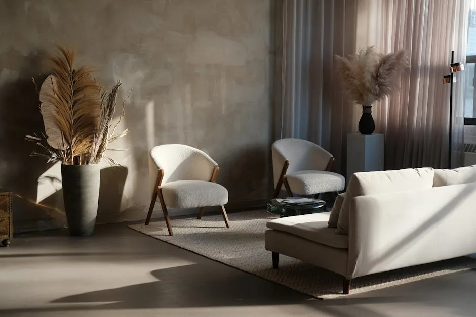 Japandi living room with cream bouclé chairs, white sofa, dried pampas grass, and warm natural light on textured walls