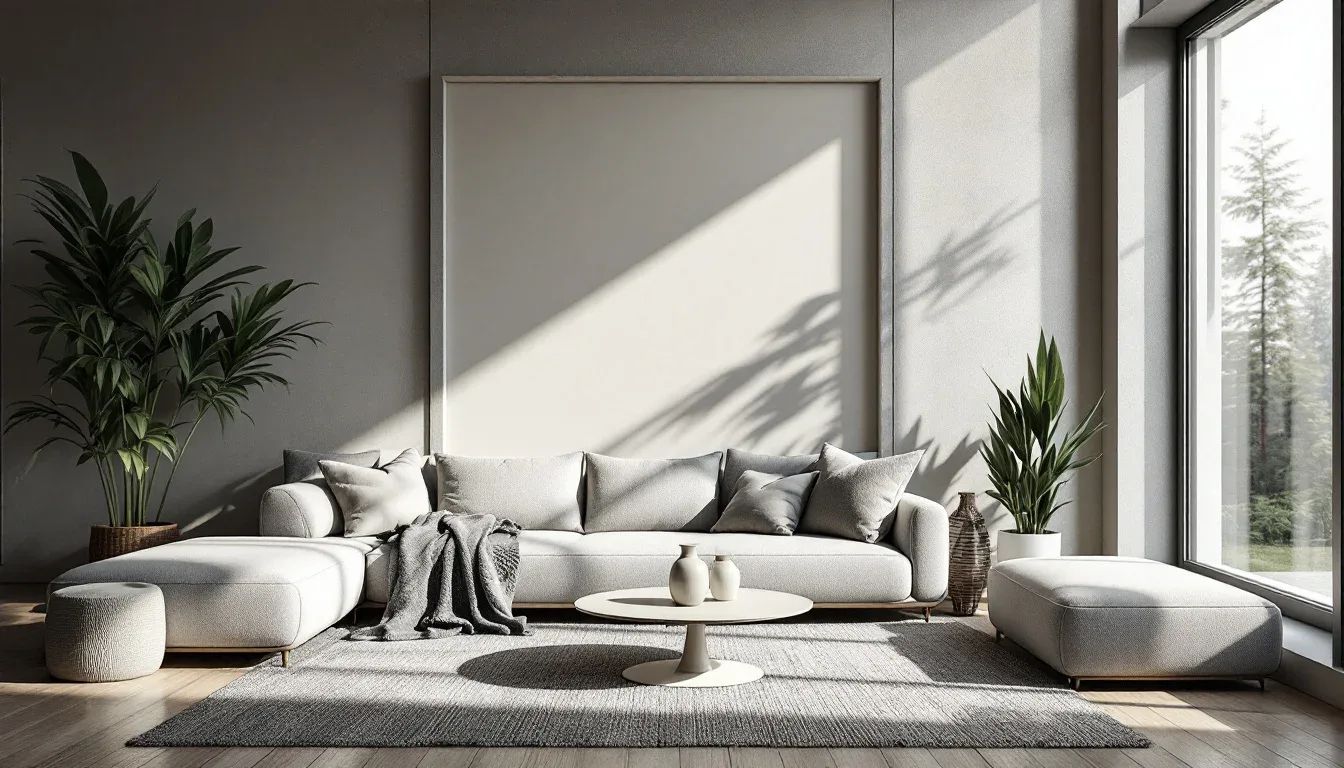 Modern minimalist living room with gray sectional sofa, light wood flooring, and mixed-texture soft furnishings in neutr